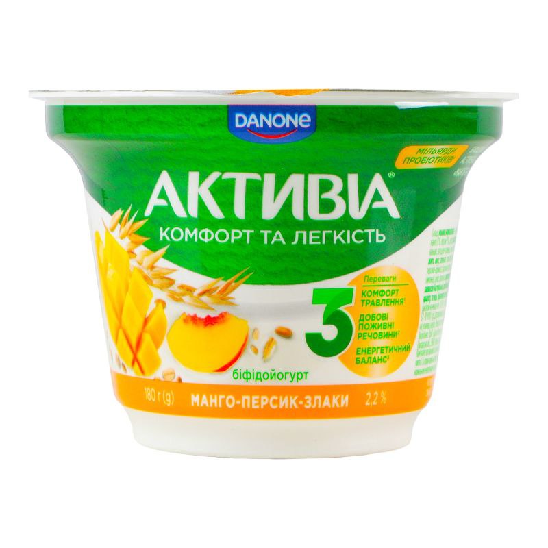 Біфідойогурт Активіа манго-персик-злаки 2.2% стак 180г